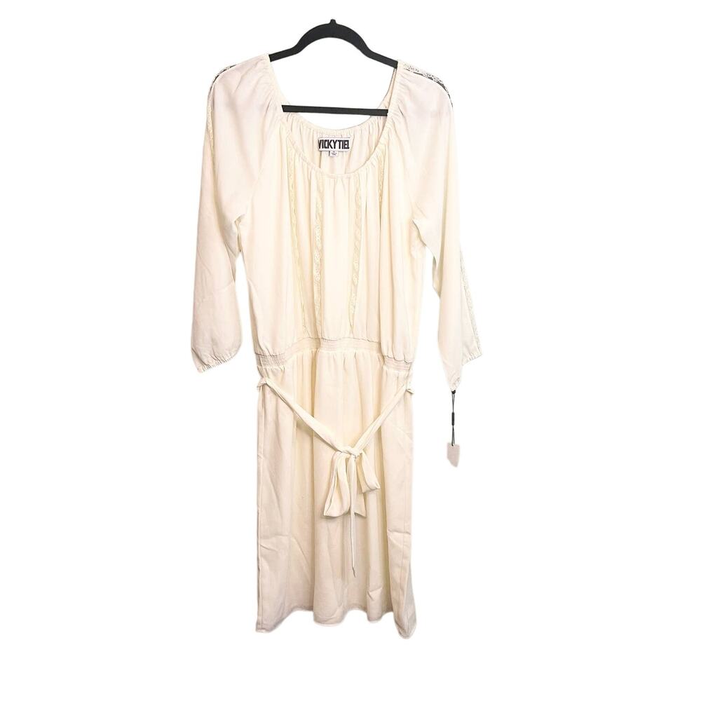 Vicky Tiel Midi Blouson Dress XL Ivory Cottagecore Boho Bohemian Lace Trim NWT